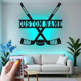 Panneau de hockey personnalisé pour mur | Décoration murale en métal sur mesure | Déco de salle de jeux et cadeau LED pour fan de sport