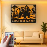 Décoration murale en métal personnalisée Bear Mountain avec rétroéclairage LED - Cadeau pour les amoureux de la nature, décoration de chalet ou de lodge