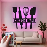 Insegna in metallo personalizzata con luce LED a forma di Utensili da Cucina - Regalo per Chef - Decorazione Moderna per Cucina
