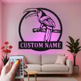 Toucan Metall-Wandkunst mit LED-Licht | Personalisierbares tropisches Vogelschild für Patio & Garten Dekor | Geschenk für Vogel-Liebhaber