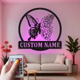 Décoration murale en métal personnalisée Papillon et Fleurs avec Rétroéclairage LED Cadeau pour Amateurs de Jardin Décor de Chambre ou de Patio
