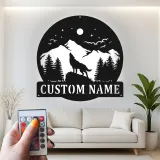 Custom Wolf Mountain Scene Led Light Metal Wall Art Personalized Gift for Nature Lovers Rustic Cabin Decor