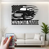 Personalisierter Vintage-Truck mit amerikanischer Flagge LED-Licht Metall-Wandkunst Geschenk für Ihn Garagen- oder Männerecken-Dekor