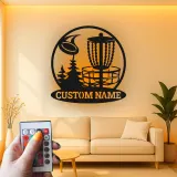 Décoration murale en métal LED personnalisée pour panier de disc golf - Cadeau pour les golfeurs