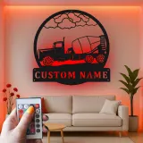 Décoration murale en métal personnalisée avec éclairage LED de camion de bétonnière - Cadeau de construction pour lui, décoration de garage ou d'atelier