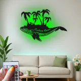 Décoration murale en métal personnalisée avec baleine et palmiers, lumière LED, cadeau unique pour les amoureux de l'océan, décoration de maison de plage