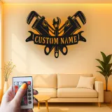 Custom Plumber LED Sign | Personalized Metal Tool Art | Workshop & Garage Decor | Pipe Wrench Wall Light