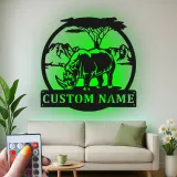 Custom Rhino Safari Led Light Metal Wall Art Personalized Wildlife Gift Living Room or Office Decor