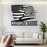 Cartel de nombre de tenis personalizado | Arte mural de metal con bandera americana y LED | Regalo personalizado para jugador de tenis | Decoración deportiva patriótica