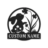 Insegna in metallo LED personalizzata con coniglio e fiori, regalo per nursery, decorazione per stanza dei bambini