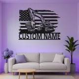 Décoration métallique LED personnalisée d’excavatrice | Panneau prénom avec drapeau américain | Déco d’engin lourd pour garage | Cadeau pour conducteur d’engins