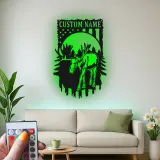 Personalisierte Metall-Wandkunst mit Elch und LED | Individuelles Namensschild mit amerikanischer Flagge | Rustikale Dekoration für Naturfreunde