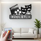 Personalized Theater Sign with LED | Custom Movie Room Decor | Metal Film Reel & Masks Wall Art for Cinema Lover Gift
