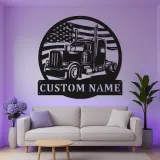 Panneau Métallique LED Personnalisé de Camion Semi | Art Mural avec Drapeau Américain | Cadeau Personnalisé pour Camionneur pour Man Cave & Garage