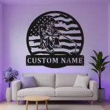 Décoration murale LED en métal pour pêche sur glace | Plaque personnalisée drapeau américain | Cadeau prénom personnalisé pour chalet ou maison au bord du lac