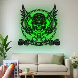 Cartel de garaje personalizado para moteros | Arte mural de calavera de metal LED | Decoración personalizada para motocicletas en el man cave o taller