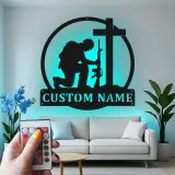 Kneeling Soldier Memorial Sign | Personalized LED Metal Wall Art | Custom Military Tribute Gift for Veterans