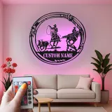 Décoration murale en métal personnalisée Cowboy Rodeo avec rétroéclairage LED - Cadeau western pour les éleveurs - Décor de salon rustique
