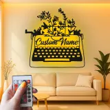 Décoration murale en métal personnalisée avec LED en forme de machine à écrire et fleurs - Cadeau pour écrivain