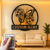 Custom Butterfly and Flowers Led Light Metal Wall Art Personalized Gift for Nature Lovers Bedroom or Garden Decor