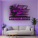 Custom Elk American Flag Led Light Metal Wall Art Personalized Gift for Hunters Rustic Cabin Decor