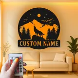 Custom Wolf Mountain Scene Led Light Metal Wall Art Personalized Gift for Nature Lovers Rustic Cabin Decor