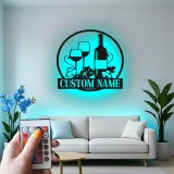 Décoration murale en métal personnalisée avec bouteille de vin et verres en rétroéclairage - Cadeau pour les amateurs de vin, décoration de cuisine ou de bar