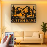 Letrero de metal personalizado con alce | Arte mural LED personalizado de fauna salvaje | Decoración rústica para cabaña y letrero con nombre para refugio