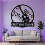 Décoration murale en métal LED guitare personnalisée | Enseigne musicien avec nom | Déco de salle de musique et studio