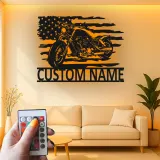Custom Motorcycle Metal Sign | LED American Flag Wall Art | Personalized Biker Name Plate | Garage Decor for Men