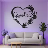 Cadeau LED personnalisé pour grand-mère | Décoration murale en métal sur mesure avec empreintes de mains des petits-enfants | Déco souvenir familiale