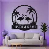 Arte mural de metal LED de flamenco | Cartel tropical personalizado | Decoración de casa de playa | Placa de nombre personalizada para hogares costeros