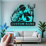 Cartel de metal LED personalizado de ciervo y pesca de lubina regalo para amantes del aire libre decoración de cabaña