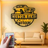 Insegna in metallo personalizzata con luce LED per garage di auto classiche - Regalo per appassionati di auto, decorazione per man cave o garage