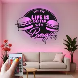 Insegna in metallo personalizzata con luce LED per amanti degli hamburger, regalo divertente per la cucina, decorazione per sala da pranzo