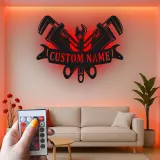Custom Plumber LED Sign | Personalized Metal Tool Art | Workshop & Garage Decor | Pipe Wrench Wall Light