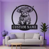 Arte da parete in metallo LED Highland Cow | Insegna con nome personalizzata per decorazione della casa di campagna | Regalo su misura per ranch e nursery