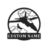 Arte murale LED in metallo con jet da combattimento | Insegna personalizzata per pilota militare | Decorazione con nome Air Force per ufficio o sala hobby
