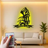 Cartel de metal personalizado con calavera de motocicleta | Señal de garaje de motorista con LED | Decoración de hombre de cueva con llamas de pistón