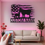 Personalisierte Kuh-und-Kalb LED-beleuchtete Metall-Wandkunst mit amerikanischer Flagge – Landhausgeschenk für Landwirte, rustikale Wohndeko 1