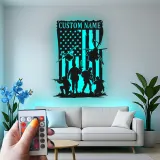 Panneau Militaire Personnalisé | Art en Métal Silhouette de Soldat | Décor LED Drapeau Américain pour Anciens Combattants
