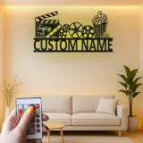 Panneau de Cinéma Personnalisé | Art mural en métal LED de Cinéma Personnalisé | Décor de Salle de Cinéma Familiale | Panneau Lumineux Bobine de Film & Popcorn