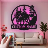 Décoration murale en métal personnalisée avec un bison en forêt, rétroéclairage LED, cadeau de faune personnalisé pour les amoureux de la nature, décoration de cabane