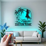 Insegna in metallo personalizzata con ballerina hula hawaiana e luce LED, regalo decorativo per interni tropicali