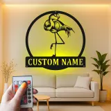 Arte mural de metal LED de flamenco | Cartel tropical personalizado para casa de playa | Decoración de ave Art Deco