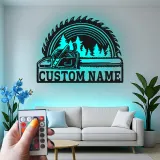 Cartel de metal personalizado de motosierra y hoja de sierra con luz LED regalo para leñador o carpintero decoración de taller