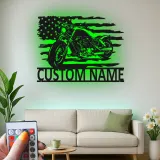 Custom Motorcycle Metal Sign | LED American Flag Wall Art | Personalized Biker Name Plate | Garage Decor for Men