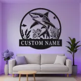 Art mural en métal requin blanc LED | Enseigne océan personnalisée | Décoration murale nautique pour bureau et maison côtière | Accent prédateur marin
