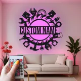 Insegna da Garage Personalizzata con LED | Insegna in Metallo per Strumenti da Meccanico | Decorazione per Officine per Appassionati di Auto