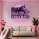 Décoration murale en métal personnalisée avec éclairage LED Lutte Américaine Drapeau Cadeau Sportif Personnalisé pour Athlètes Décor de Gym ou de Chambre